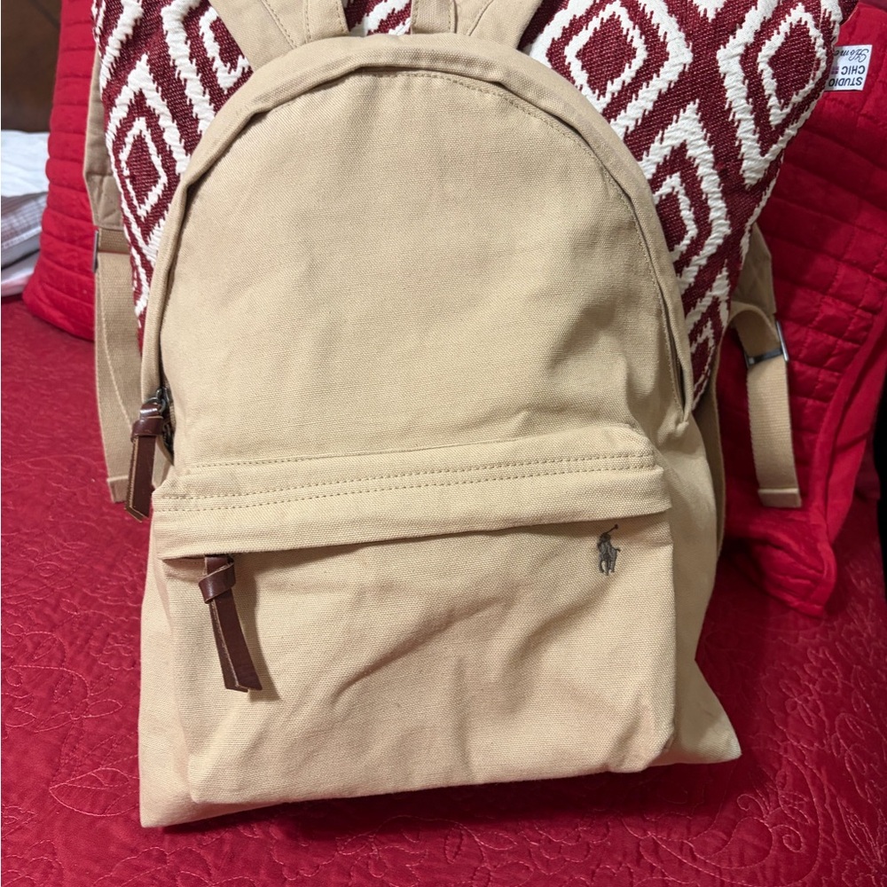 Polo Ralph Lauren Tan Canvas PreOwned Backpack. Leather zipper pulls Great